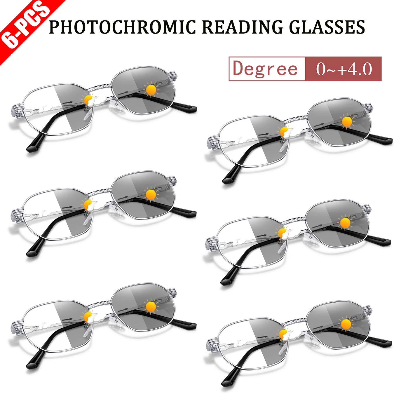 

6 pairs Anti-Blue Light Photochromic Reading Sunglasses Women Men Metal Round Unisex Presbyopic Eyewear