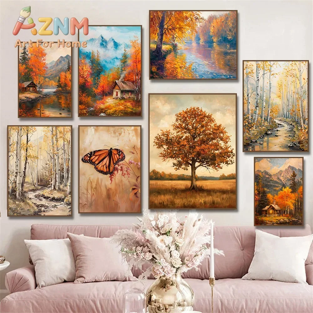 Autumn Forest Oak Tree Serene Mountain Cabin Landscape Butterfly Canvas Painting Wall Art Poster Print for Room Home Decor Gift