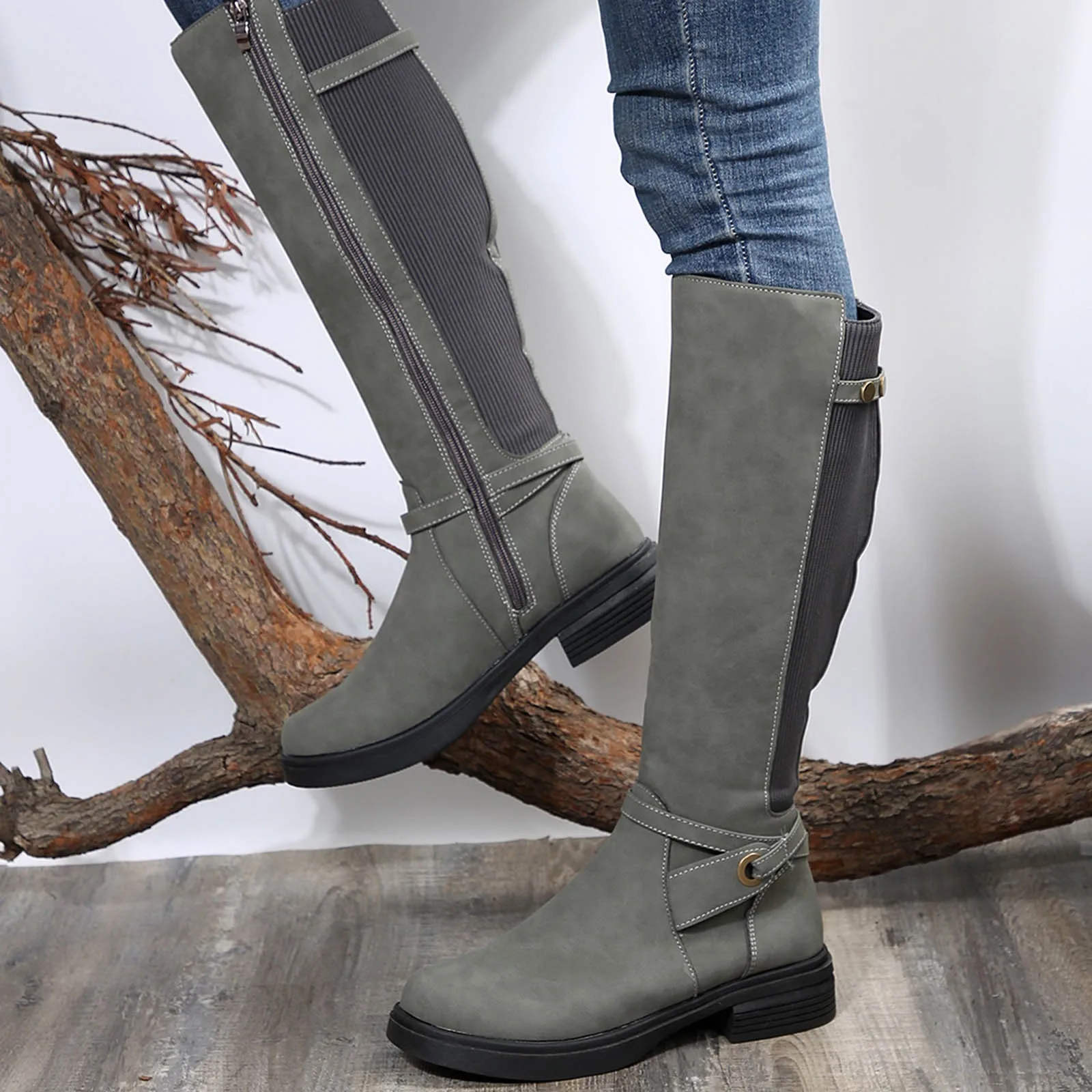 المرأة شقة حذاء برقبة للركبة جولة تو الجانب سستة المرقعة أحذية طويلة الانزلاق على مريحة حذاء من الجلد غير رسمي بوتاس موهير #3