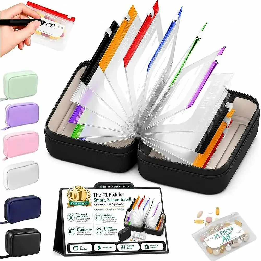 7/14Pouch Weekly Pill Organizer Waterproof A8 Pouch Twice-Daily Pill Storage Organizer for Seven Days with 14 Color-Coded Pouch