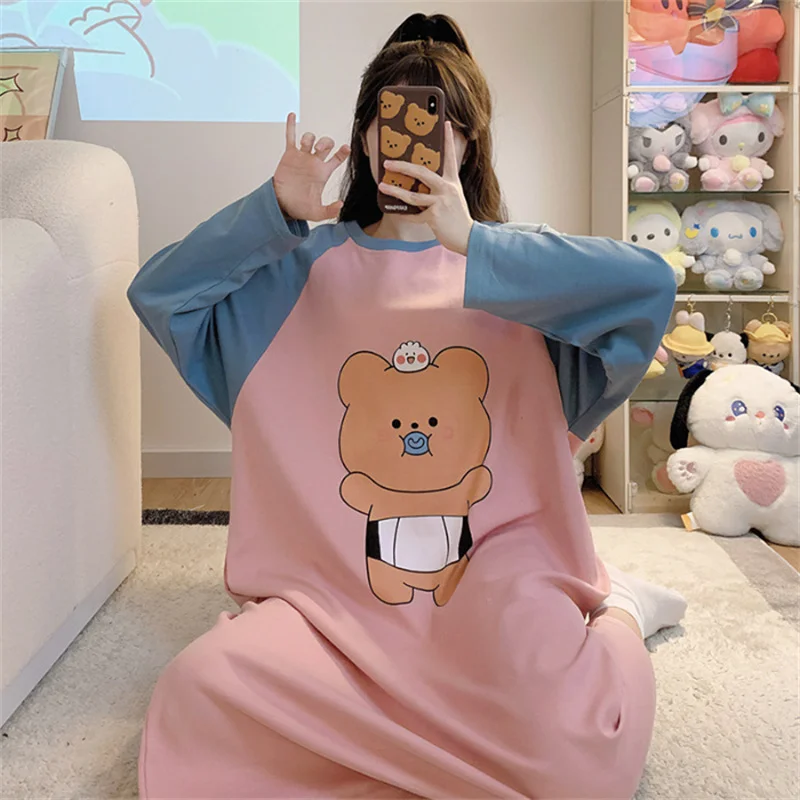 New Spring Summer Cotton Women\'s Pajamas Cute Long-sleeved Nightdress Cartoon Print Dress Home Service