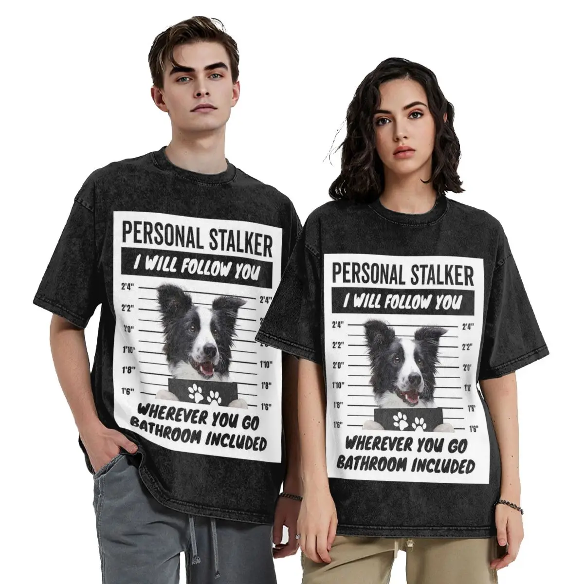 Personal Stalker Dog Border Collies Dog Washed T Shirts Harajuku Short Sleeve Hip Hop T-Shirt Streetwear Tops Tees for Men Women