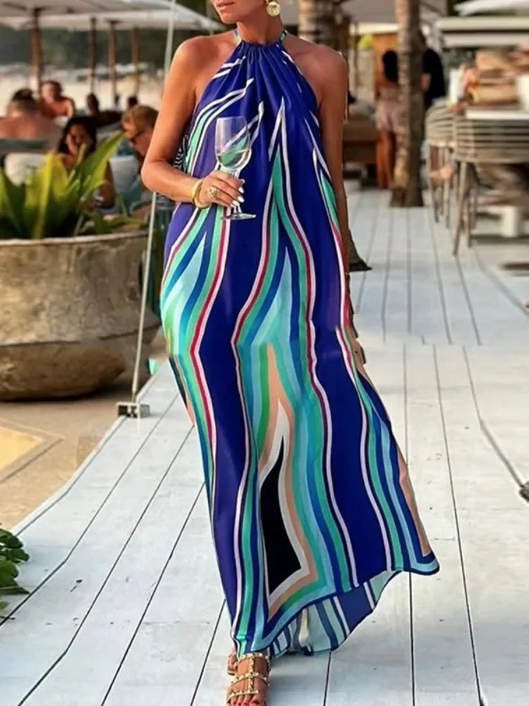 Abiti lunghi da ballo per feste con scollo all'americana a righe colorate da donna 2025 Abito lungo da vacanza elegante allentato senza maniche della nuova estate