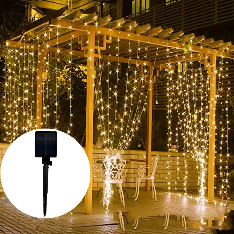 

LED Solar Curtain Light String 8 Lighting Modes Wedding Outdoor Lighting Garden Muslim Ramadan Festival Park Pavilion Decoration