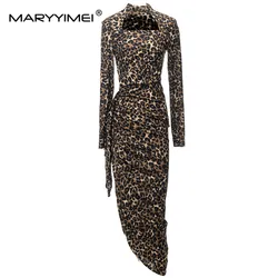 MARYYIMEI New Fashion Runway Designer Women's Square Neck Long Sleeve Leopard Print Velvet Vintage Slit Dress