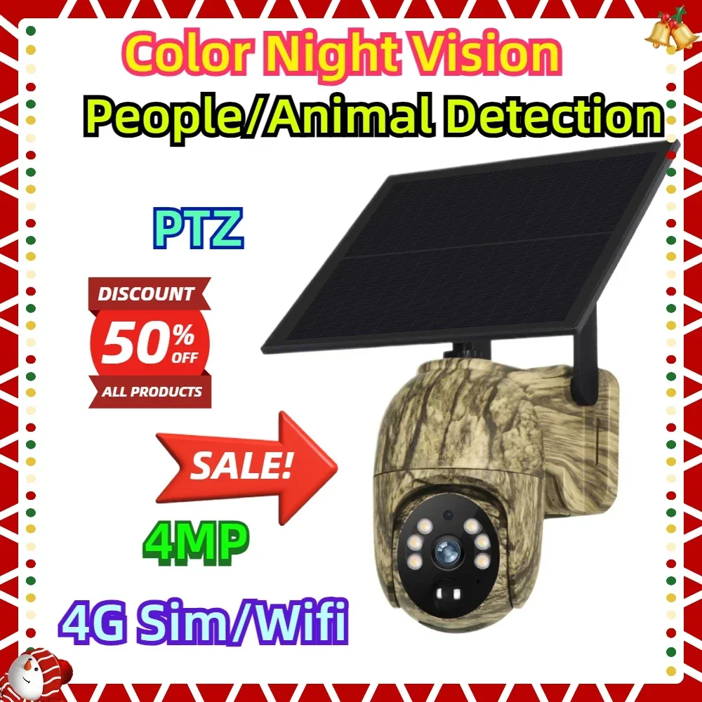 Solar Security Camera 4MP 4G Sim/Wifi  PTZ Color Night Vision People/Animal Detection CCTV  Wildlife Outdoor Surveillance Camera