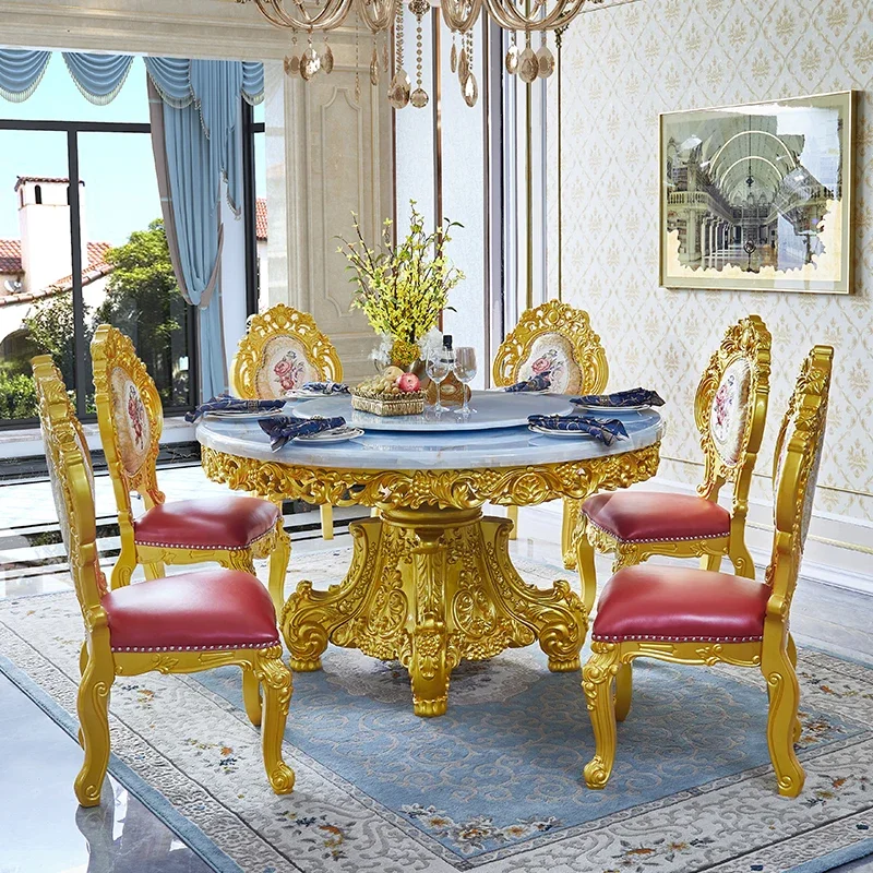 European-style furniture Golden round table American restaurant Marble dining table Full solid wood carving flower belt