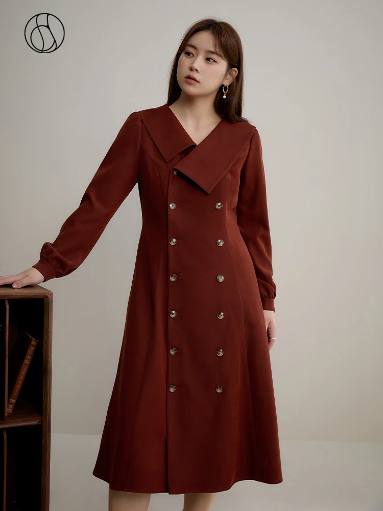 

DUSHU French Retro Large Lapel Double Breasted Red Dress For Women's Winter High Waist Dress For Women Red Casual Loose