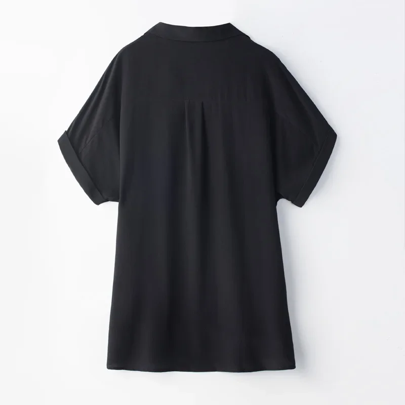 High Quality 100% Silk Black Top Female T-shirt Short Sleeve T-Shirts Summer Clothes For Women 2024 Camisetas De Mujer Pph4143