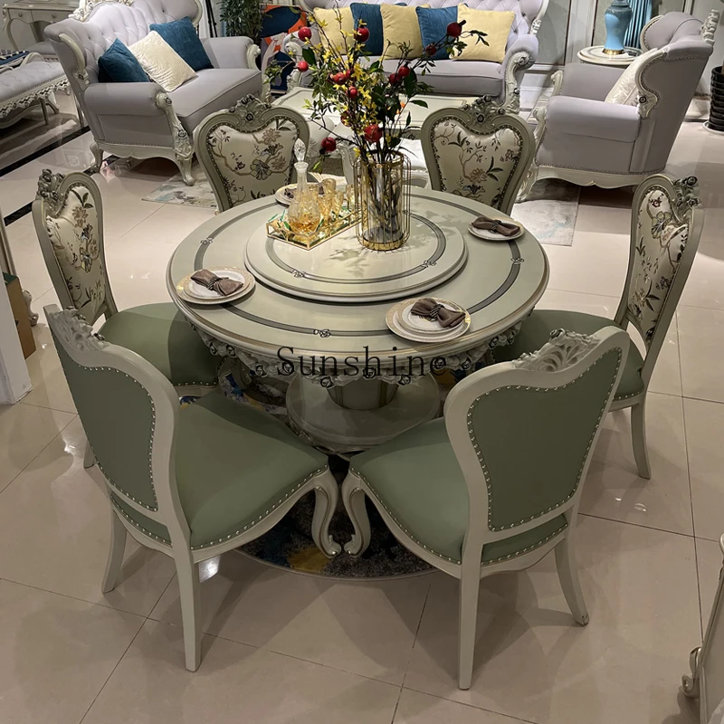 

European solid wood dining table and chair combination with turntable villa restaurant luxury large apartment