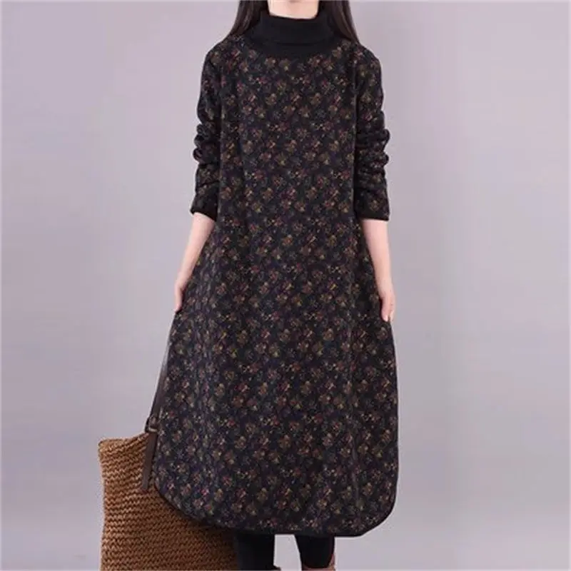 

2023 Autumn/Winter Warm Dress Korean Loose Large Size Medium Length Plush And Thick High Collar Floral Dress For Women Z4339