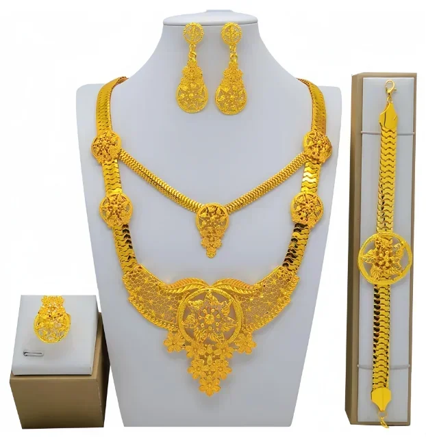 Conjunto de collar y pendientes redondos de cobre para mujer, joyería Etíope para fiesta nupcial nigeriana, Color dorado, Dubai africano, moda