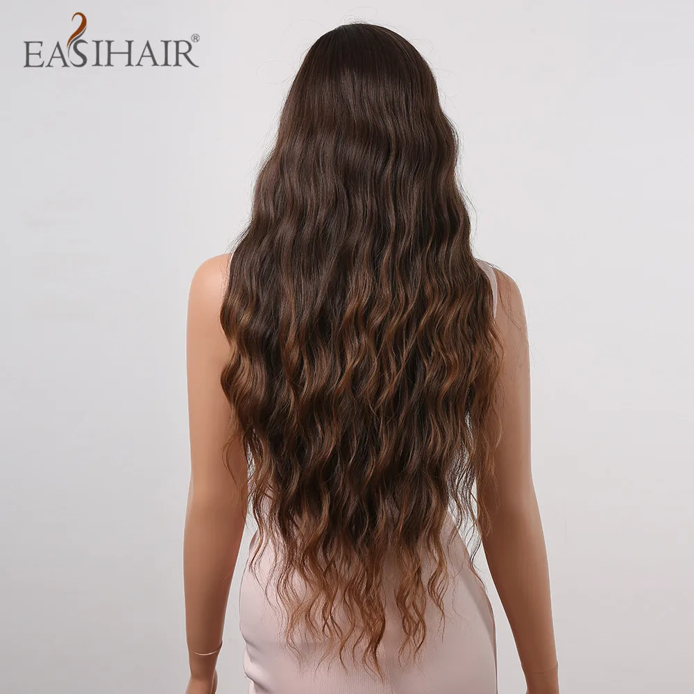 EASIHAIR Synthetic Wigs Long Brown Curly Wave Wigs with Bangs for Women Chocolate Brown  Daily Cosplay Hair Wigs Heat Resistant