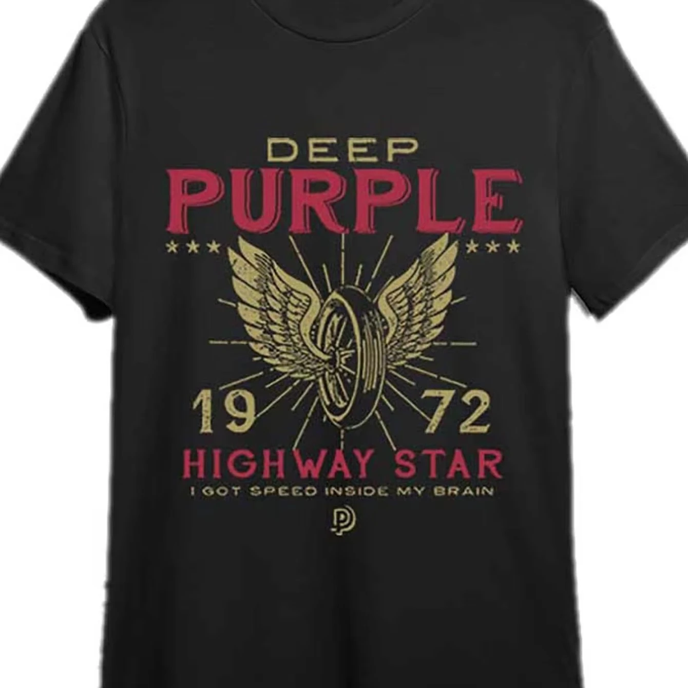 تي شيرت رجالي بنمط ريترو من Deep Purple 1972 Highway Star Tour - ريترو باند ذهبي مع شعار أجنحة حمراء
