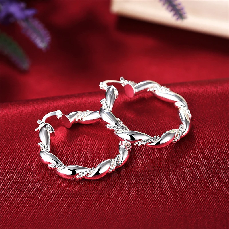 Charm 925 Sterling Silver 30MM Twisted Round Hoop Earrings For Women Fashion Luxury Wedding Party Favors Jewelry Accessories