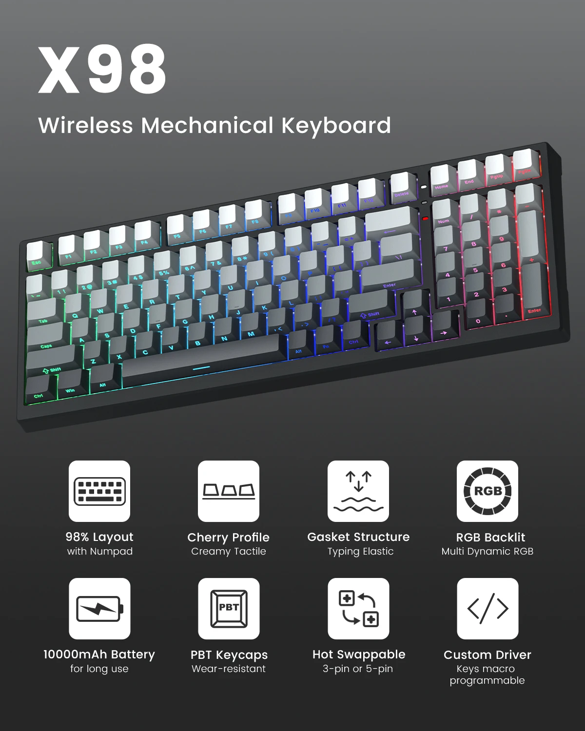 

Womier X98 Full-size Wireless RGB Mechanical Keyboard Gasket Tri-Mode Bluetooth 2.4G Hot-Swappable Gamer Keyboard for PC/Tablet