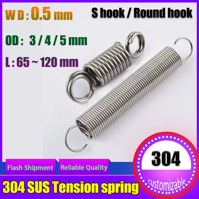 

304 Stainless Steel Tension spring Wire diameter 0.5mm S Hook Round hook Coil Pullback Extension Tension metal Spring wire