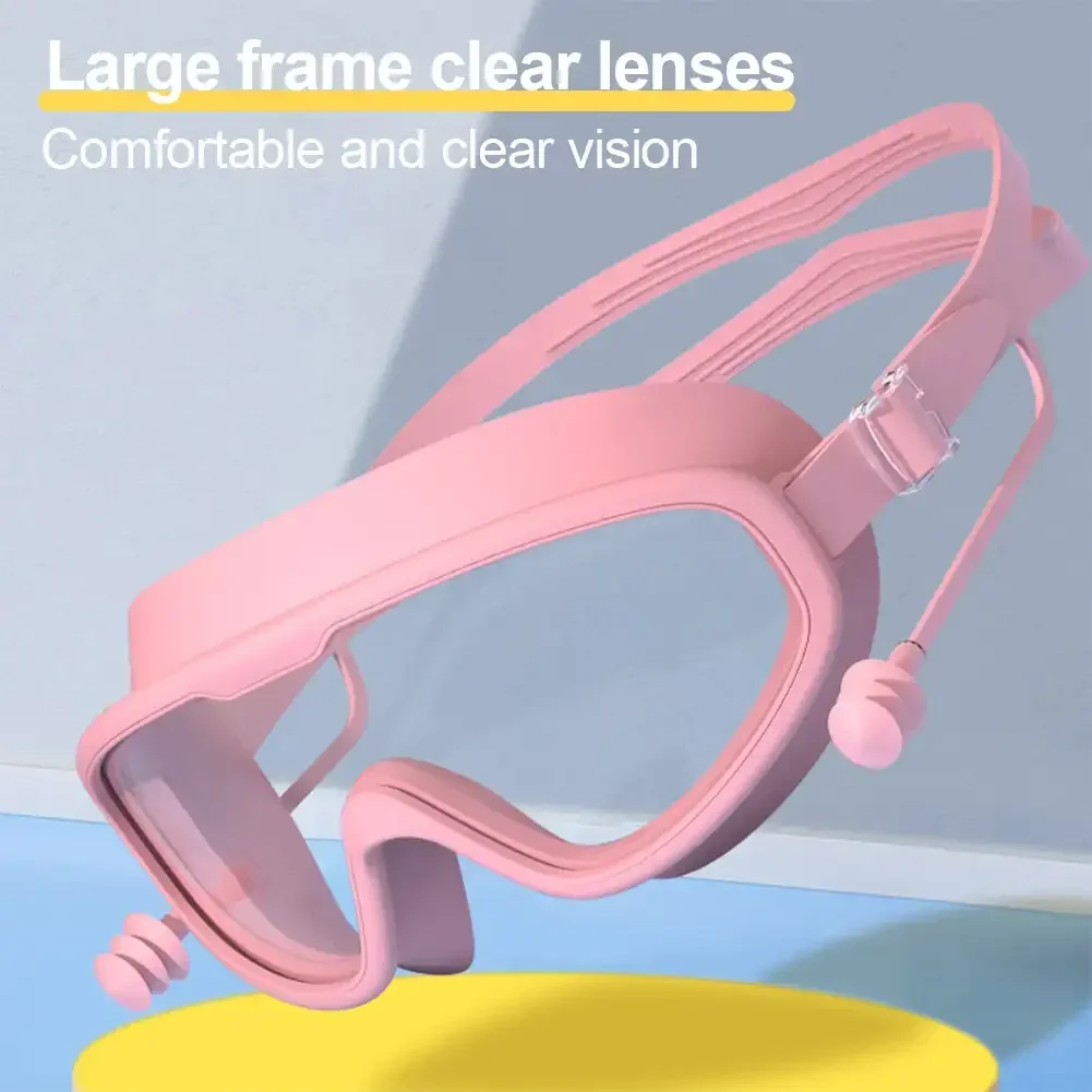 Adult Kids Big Frame Swimming Goggles with Earplugs Waterproof Anti-fog Swimming Eye Protection Glasses Pool Beach Goggles