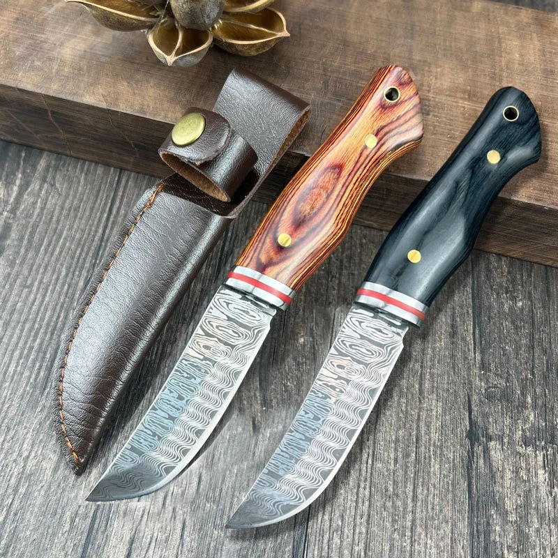 

Outdoor knife High hardness sharp multi-functional knife Damascus steel pocket knife Color wood handle portable fruit knife