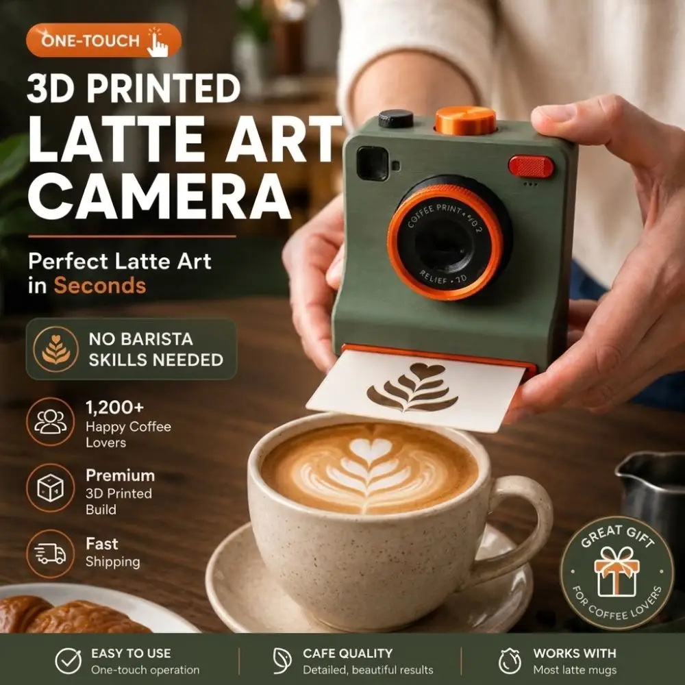 Funny 3D Printed Latte Camera Vintage Look Replaceable Cards DIY Latte Art Camera Tool Included Stencils Plastic