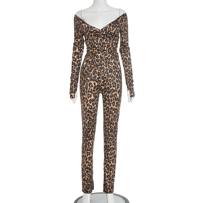 Set da donna sexy con stampa leopardata da 2 pezzi, scollo a V avvolto con spalle scoperte, top corto a maniche lunghe + pantaloni a matita, abiti casual slim clubwear