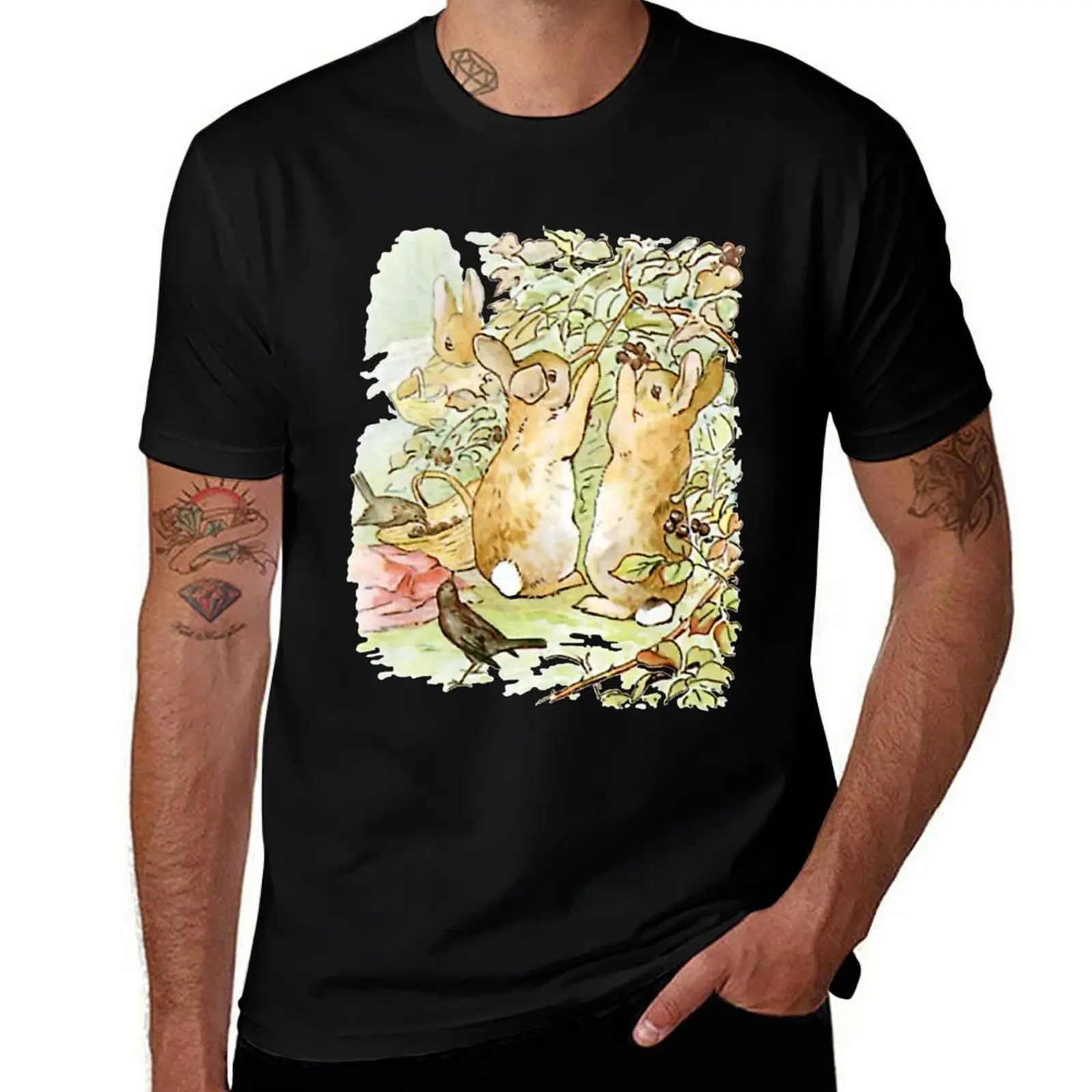 Flopsy, Mopsy and Cottontail picking berries T-Shirt Basic Comfort Fit for Men T-Shirt