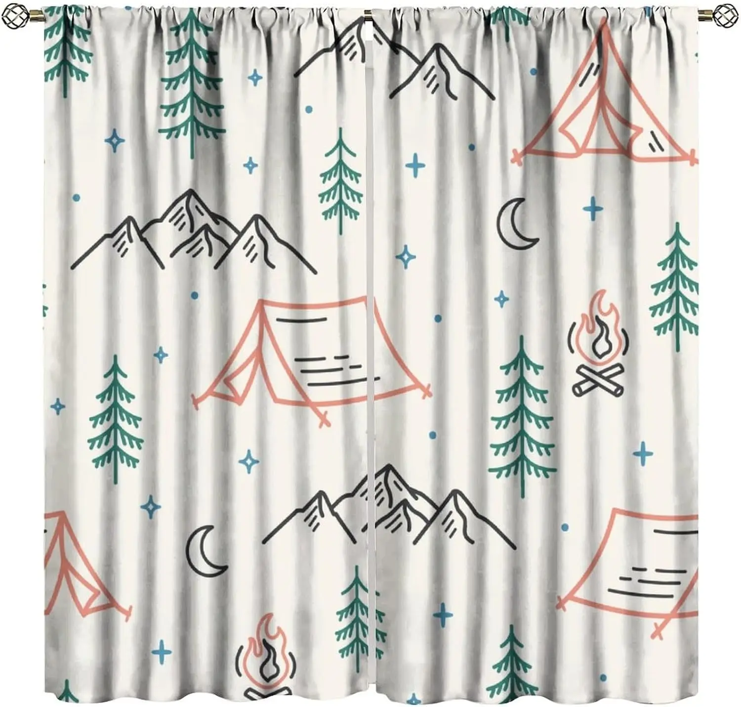 Forest Camping Blackout Curtain Cream Sketch Mountain Pine Tent Campfire Star Rod Pocket Panels Adventure Kids Bedroom Decor