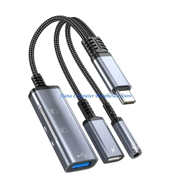 F68C 5 in 1 Type C Adapter for Phone Supporting Memory Card Reader Braided Cable Plug and Play Portable for Keyboards