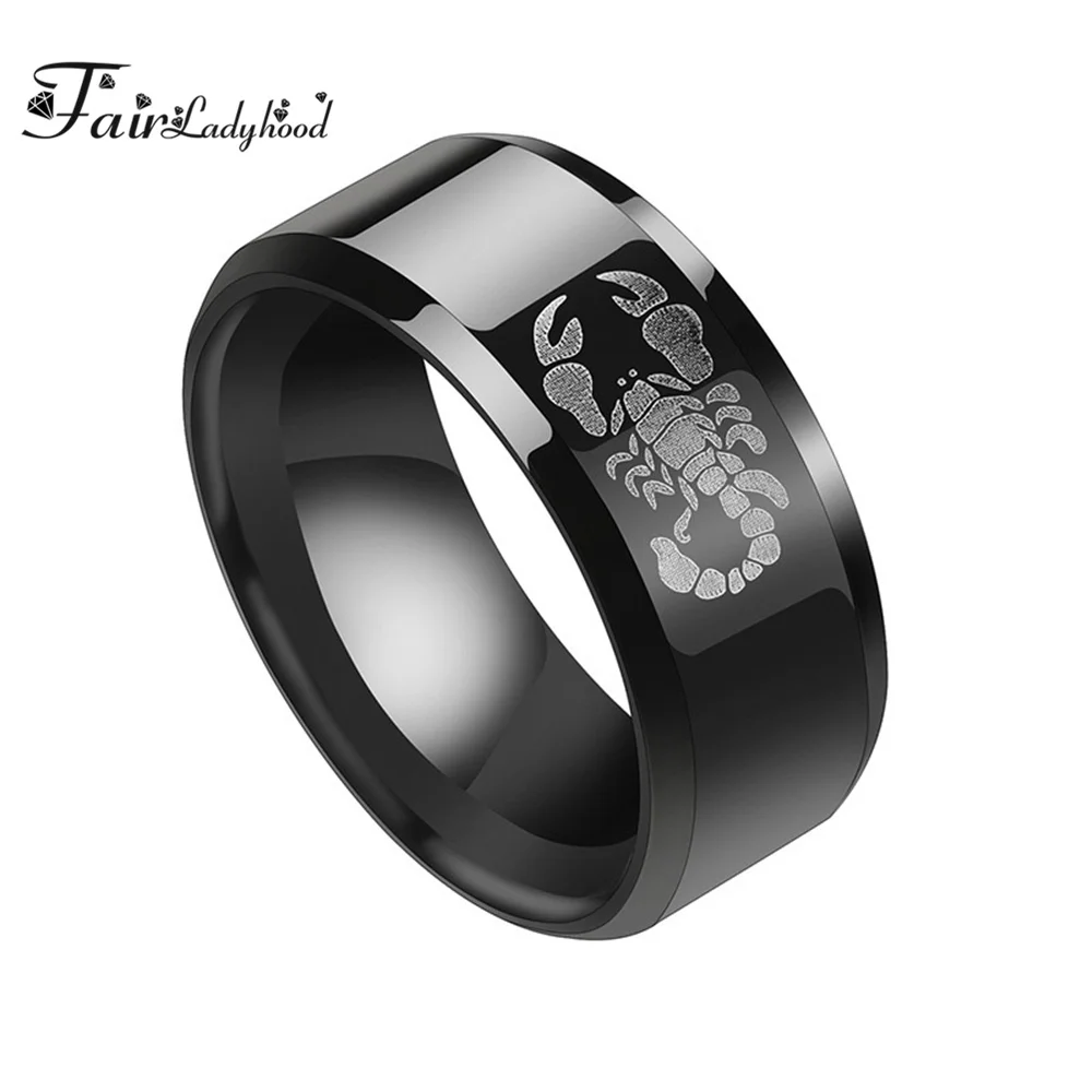 FairLadyHood High Quality 8mm 316L Stainless Steel Scorpion Rings For Men Punk Black Finger Rings Gothic Polished Wedding Bands