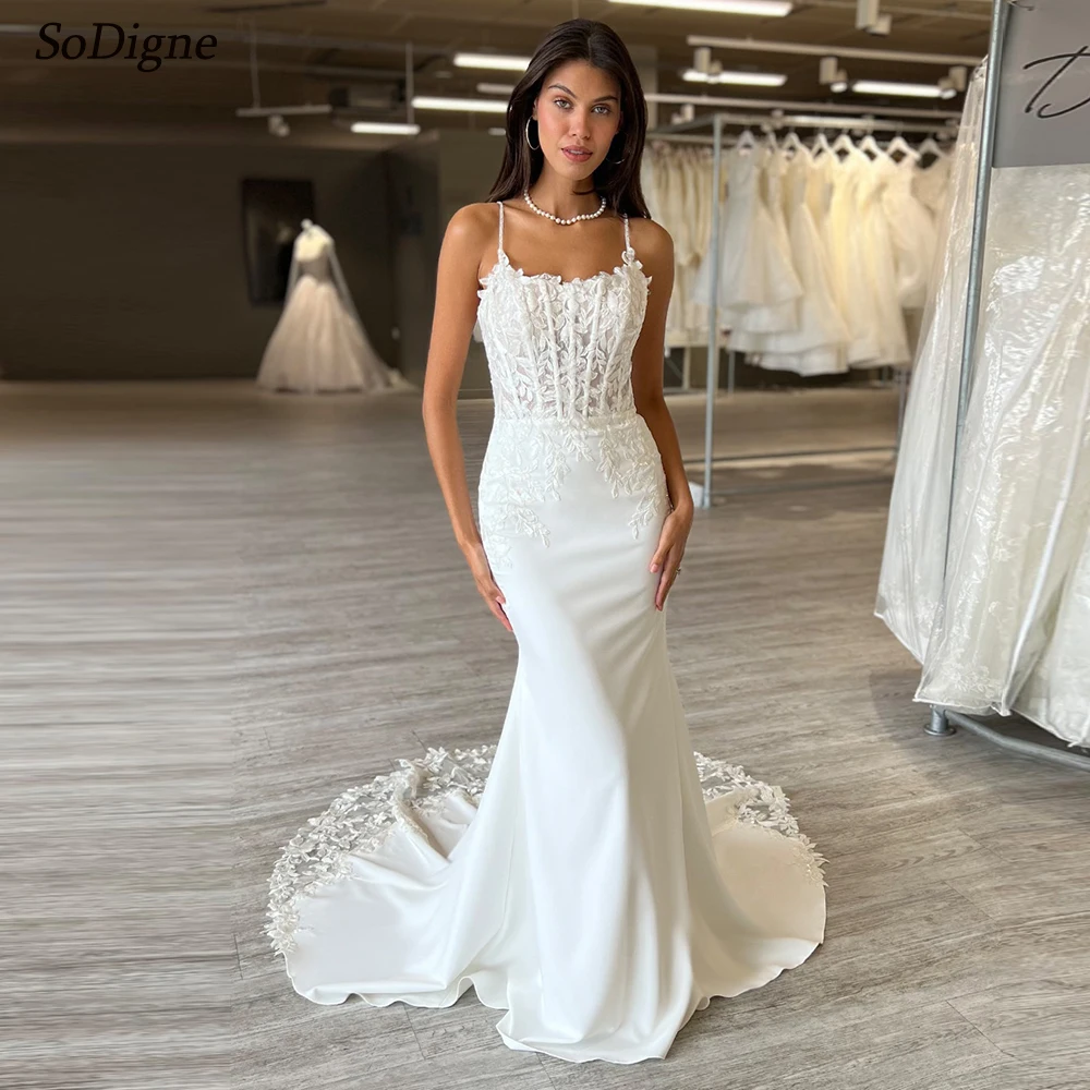 SoDigne Mermaid Satin Boho Wedding Dresses Sleeveless Strapless Appliques Bridal Dress Long Wedding Gown Custom Made ﻿