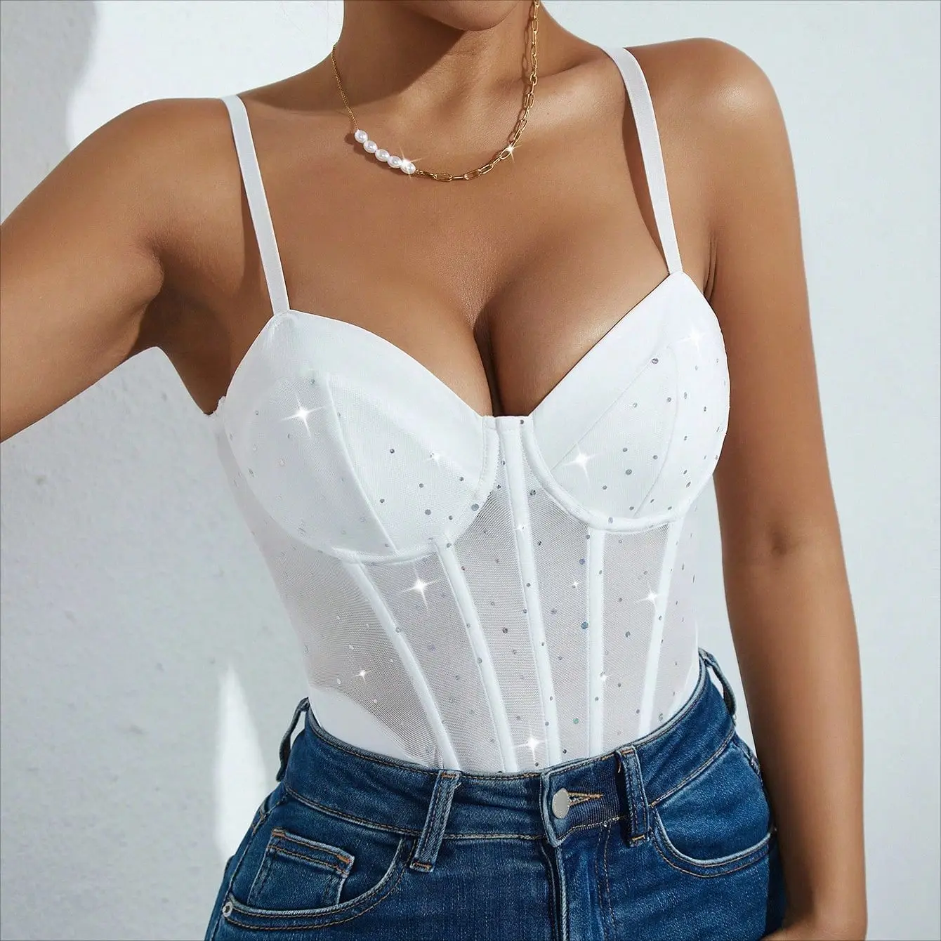 2025 신상 유럽 및 미국 스타일 반짝이 스팽글 피시본 슬림핏 섹시 프리미엄 멜빵 점프수트 60646