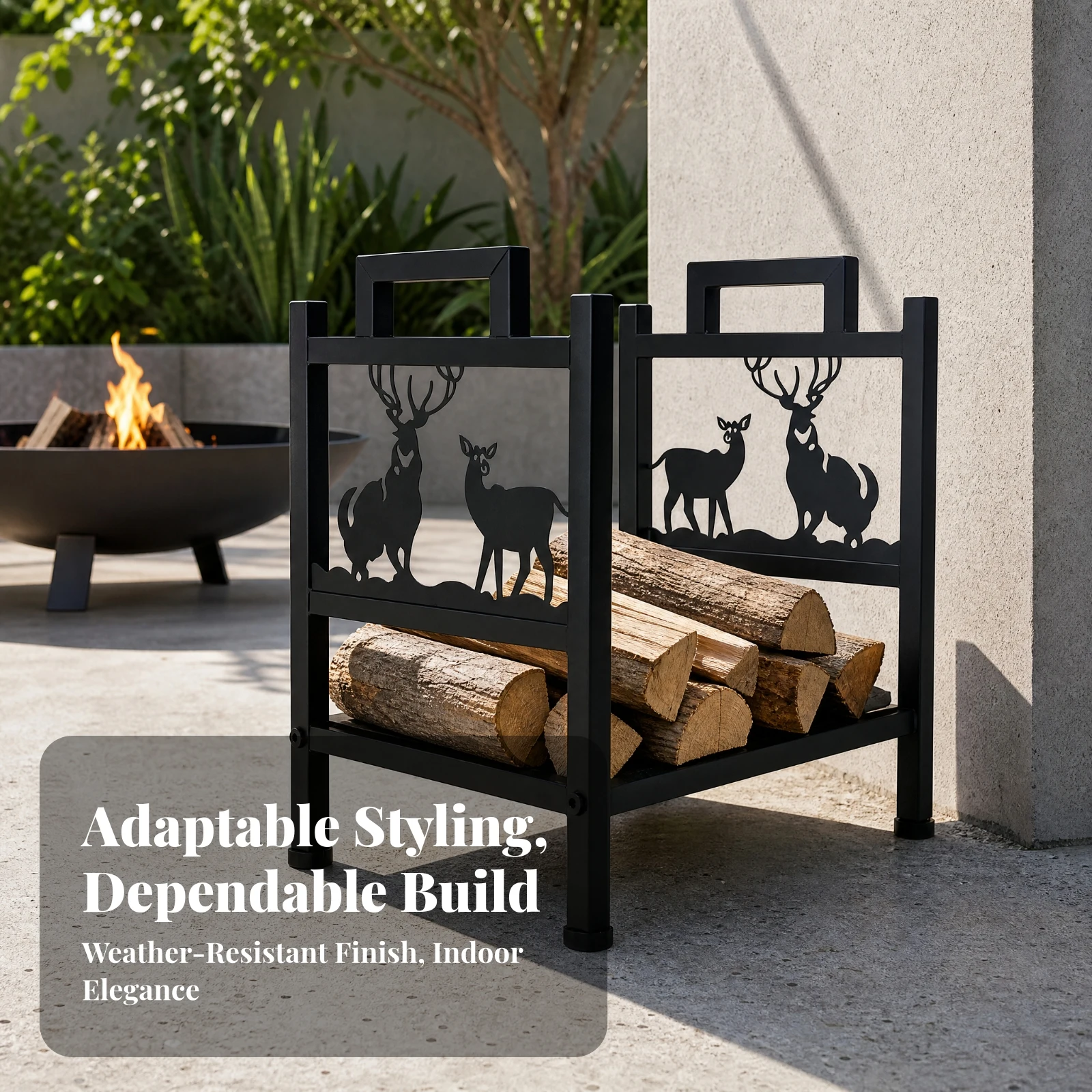 Freestanding Firewood Storage Rack Outdoor Metal Firewood Rack with Deer Silhouettes Metal Log Storage Stand Easy to Assemble