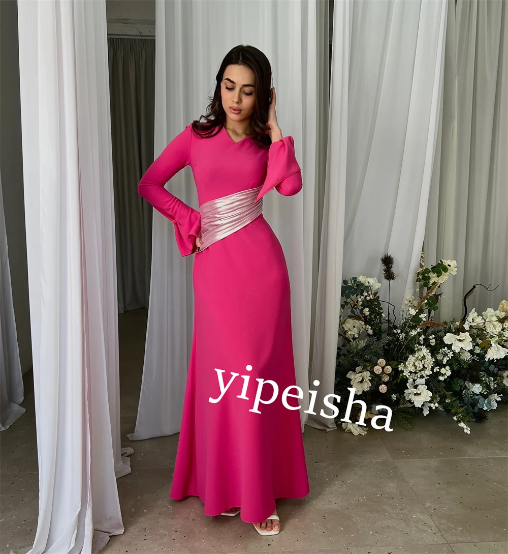 Jiayigong Jersey con volantes Navidad Una línea con cuello en V Vestido para ocasiones a medida Vestidos midi Arabia Saudita