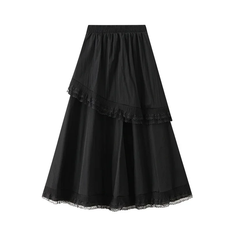 Women Lace Patchwork High Waist Ruffles White Black Long Skirt Women Fashion Casual High Waist Faldas