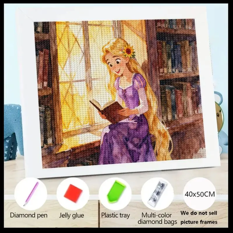 

1PC 5D Full Drill Diamond Painting Kit featuring Disney Princess Rapunzel Reading a Book by a Sunny Window in a Library, DIY Lar