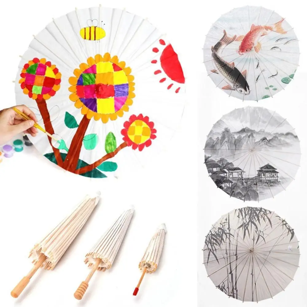 1Pcs Dia 20/30/40/60cm Paper Umbrella Traditional White DIY Handmade Painting Supplies Blank Long-handle Photography Prop