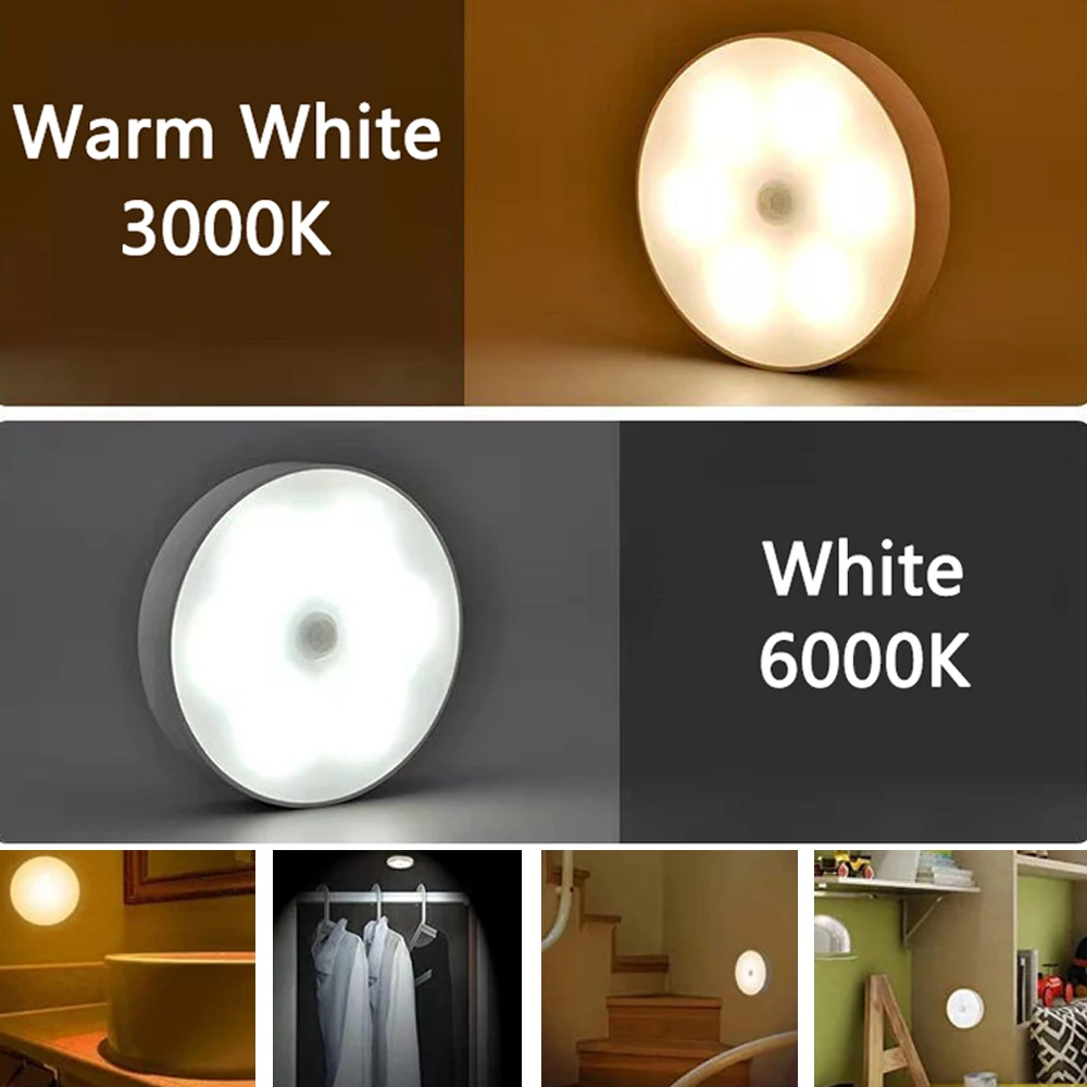 USB Charge LED Night Lights 6 LEDs PIR Motion Sensor Magnet Closet Wall Lamp Auto On/Off for Cabinet,Wardrobe,Counter,Kitchen