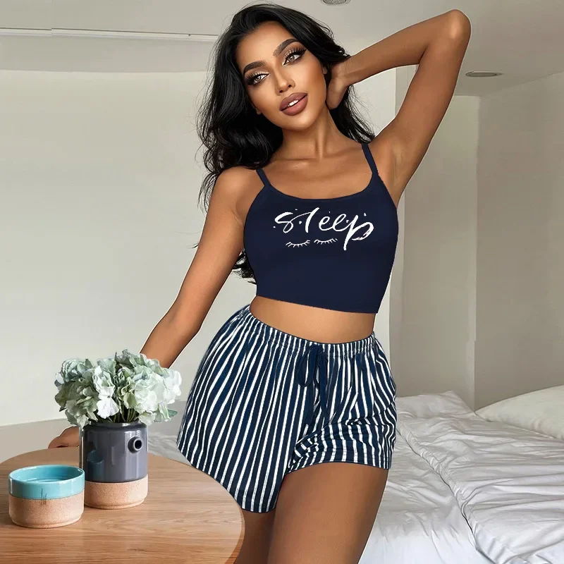 Top Fashion Women Home Clothing Suspended Pajamas with Drawstring Shorts Set Home Wear Letter Stripe Printed Nightgown Sleepwear