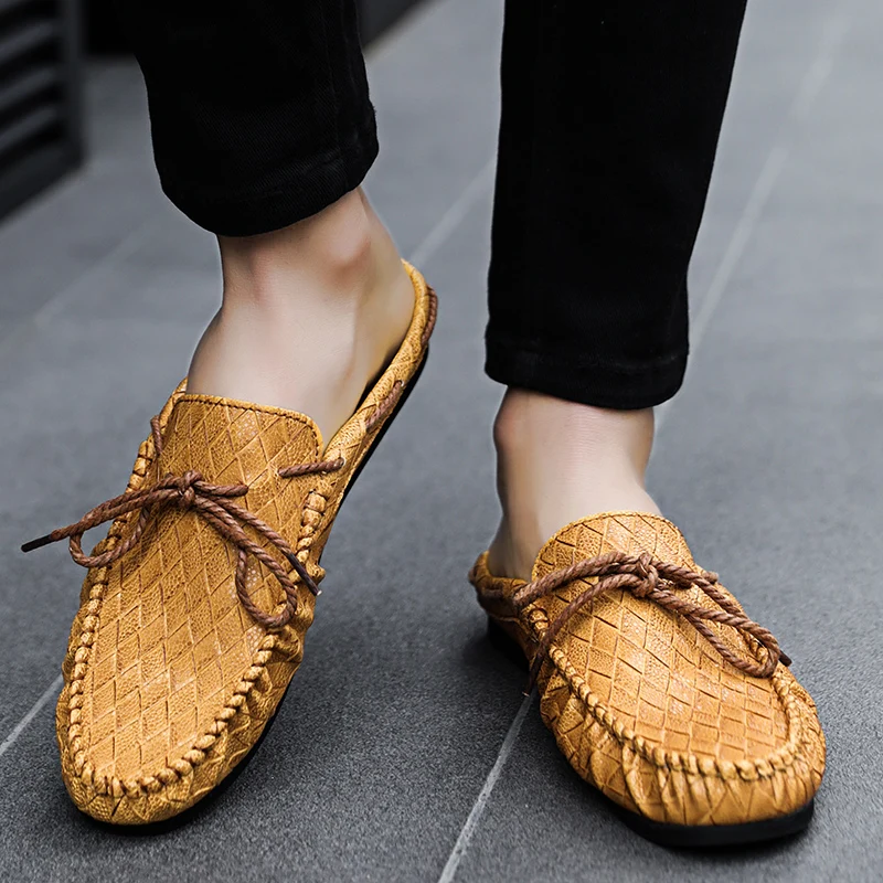 2025 Outdoor Leather Mules Mens Backless Loafers Slippers Half Shoes For Men Slide Closed Toe Sandals Man Semi-Drag Casual Shoes