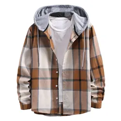 Men's Casual Plaid Print Shirt Long Sleeves Autumn Casual Hooded Single Breasted Coat Daily Loose Male Clothing