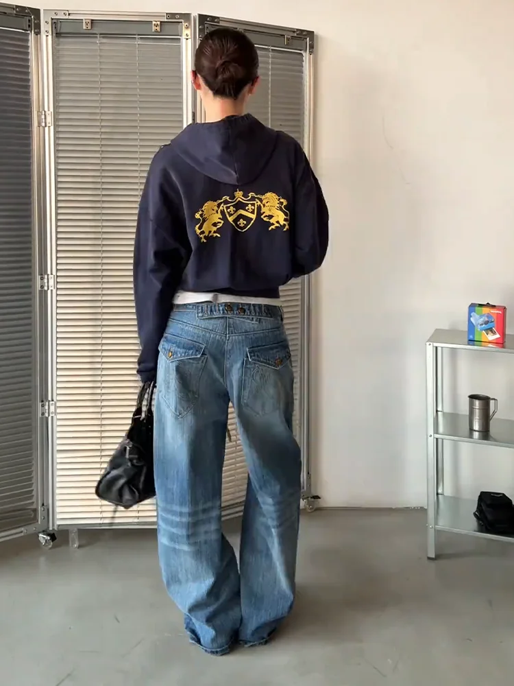 

High Waist Wide Leg Jeans Women's Vintage Washed Adjustable Buckle Slimming Versatile Denim Pants Floor-Length Trousers