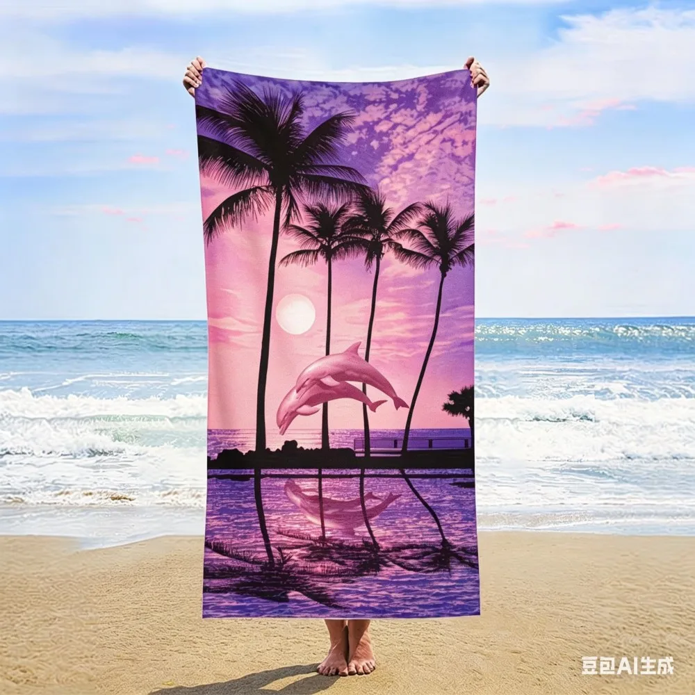 Tropical Night Dolphin Palm Trees XL Microfiber Beach Towel, Giant Oversized Quick Dry Bath Towel, Large Travel Picnic Pad