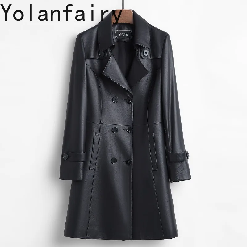 

YOLANFAIRY 2026 New Spring Autumn Genuine Sheepskin Leather Trench Coat Women Mid-length Real Leather Jacket Fashion Chaquetas