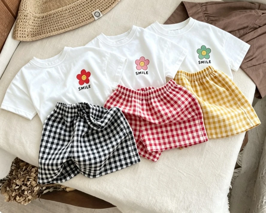 Kids Summer Two Piece Outfit Children Cute Flower Print Short Sleeve T Shirt And Plaid Shorts Set Baby Soft Cotton Casual Wear
