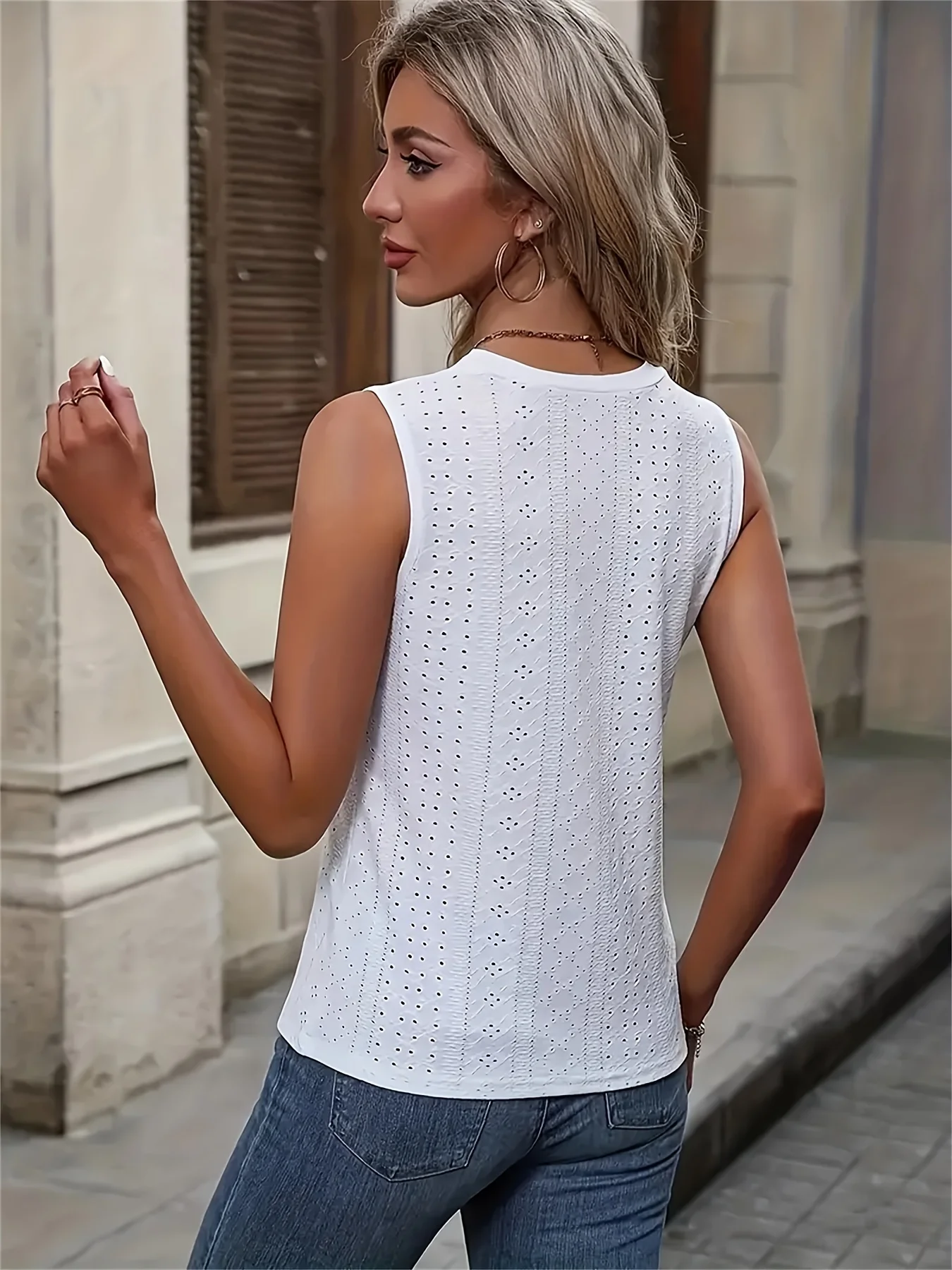 Solid Color Hollow-Out Embroidered Detail Round Neck Tank Top for Spring and Summer