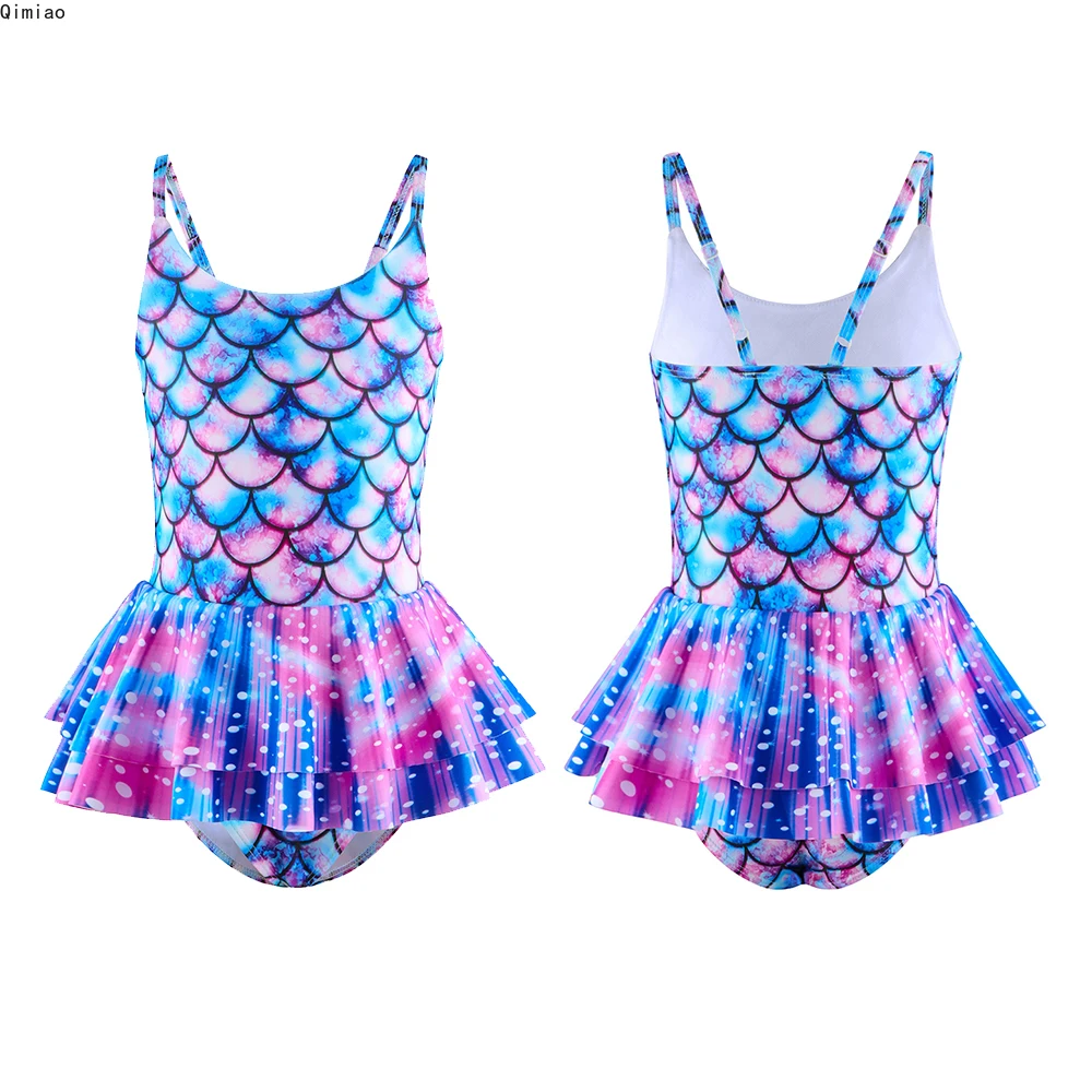 Girls' Bikini Children's Swimwear Kids One-Piece Skirt Style Swimsuit 3D Fish Scale Suspenders For Medium/ Large Children 3-12Y