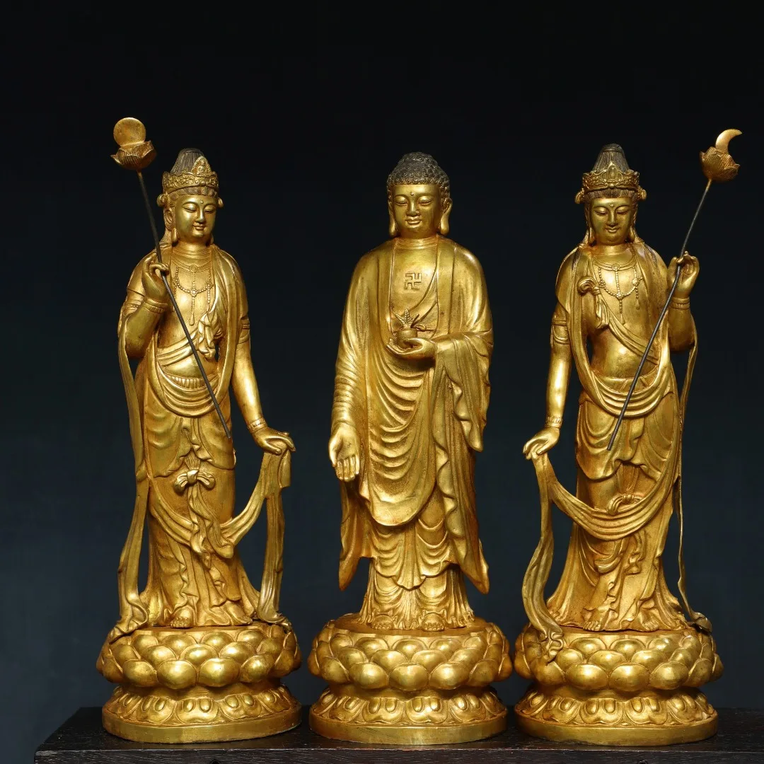 

19"Tibetan Temple Collection Old Bronze Gilded Three Sages Shakyamuni Buddha Mahasthamaprapta Bodhisattva Worship Hall