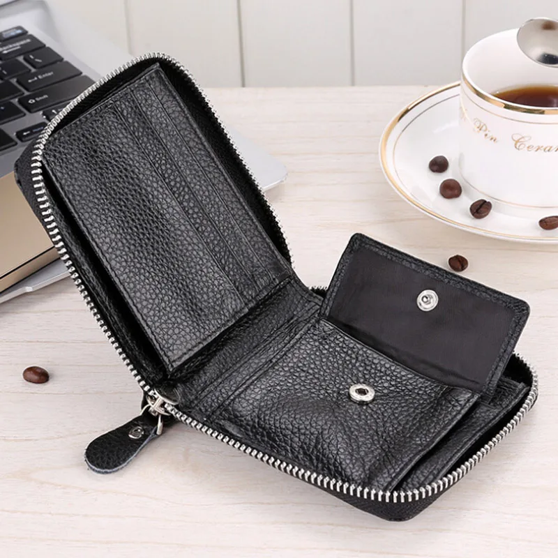 Genuine Leather Men's Short Wallet Retro Casual Crazy Horse Leather Wallet Black Zipper Change Card Bag