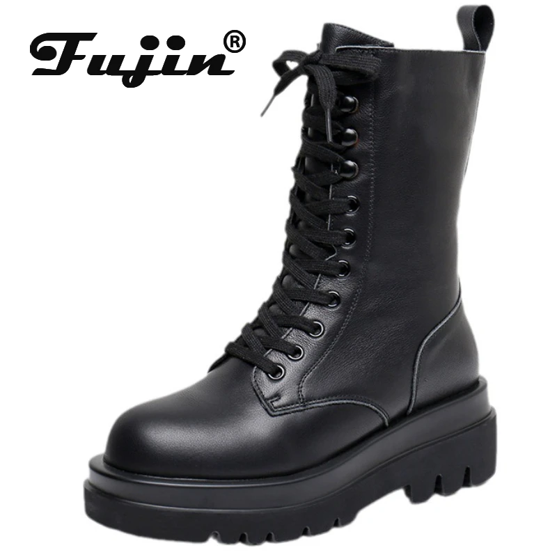 

Fujin 6cm Natural Genuine Leather Thick Heels Booties Autumn Women Motorcycle Ankle Mid Calf Boots Wedge Spring Platform Shoes