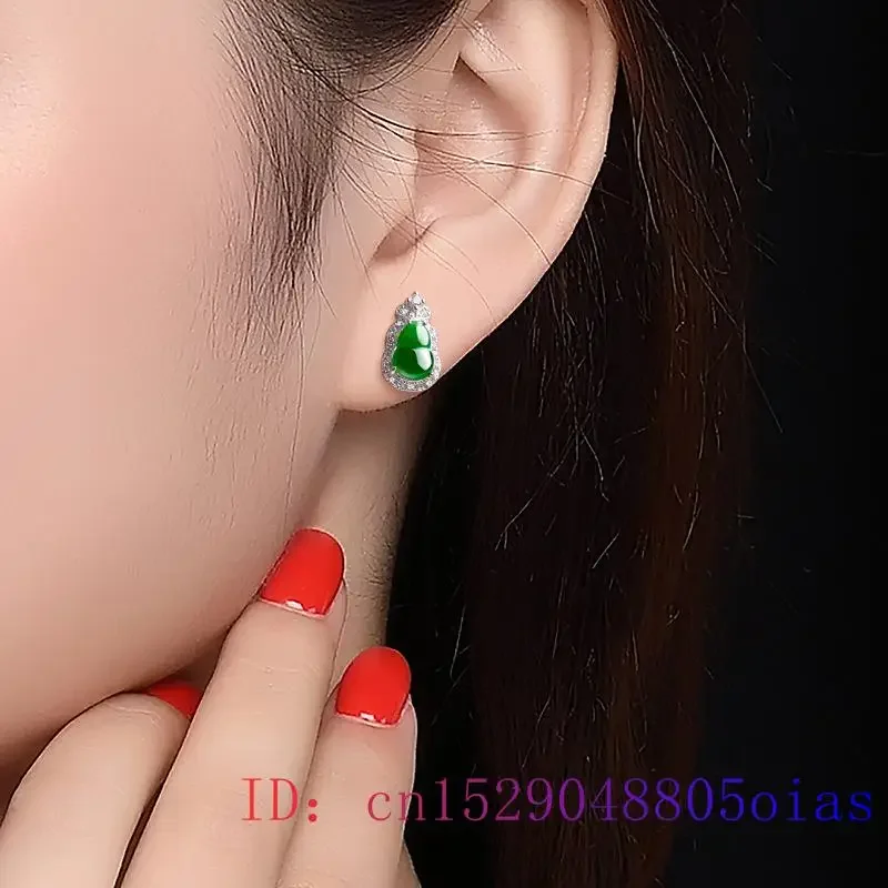 Burmese Jade Gourd Earrings Carved Women Jewelry 925 Silver Ear Studs Gift Green Luxury Amulets Talismans Designer Natural Real